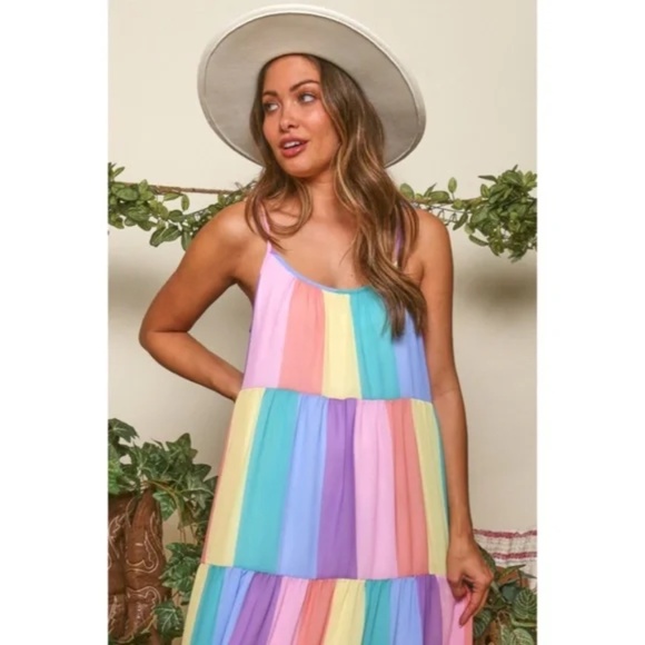 CLEARANCE Rainbow Colorful Multi Bright Striped Tiered Tie Shoulder Maxi Dress - Picture 5 of 7